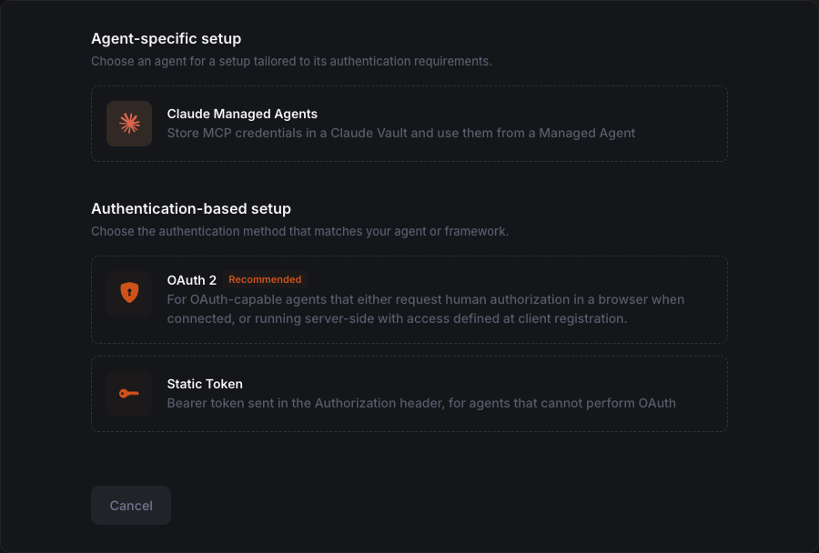 The Connect an Agent page with three options: Claude Managed Agents, OAuth 2, and Static Token