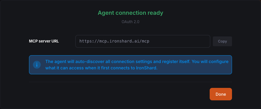 Agent connection ready, showing the MCP server URL https://mcp.ironshard.ai/mcp