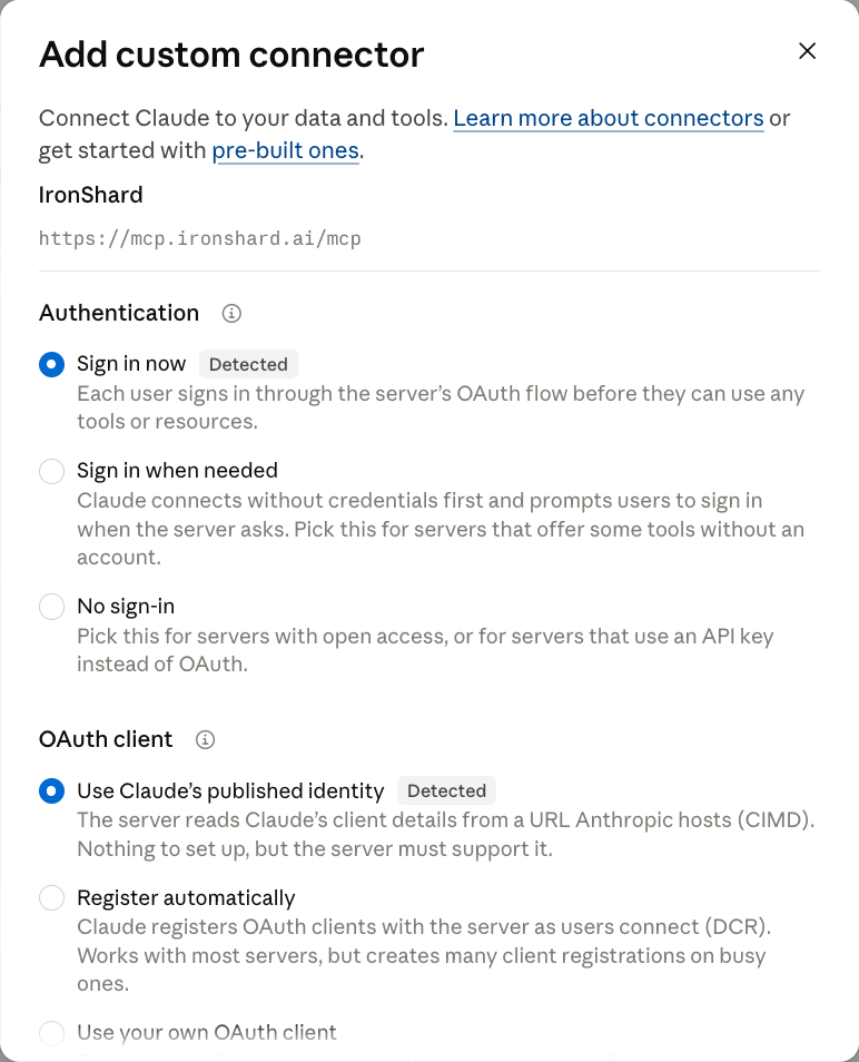 Claude's authentication settings for the IronShard connector, with Sign in now and Use Claude's published identity selected and marked Detected