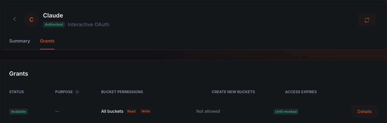 Claude's grants in the IronShard console: all buckets with read and write, creating new buckets not allowed, access until revoked