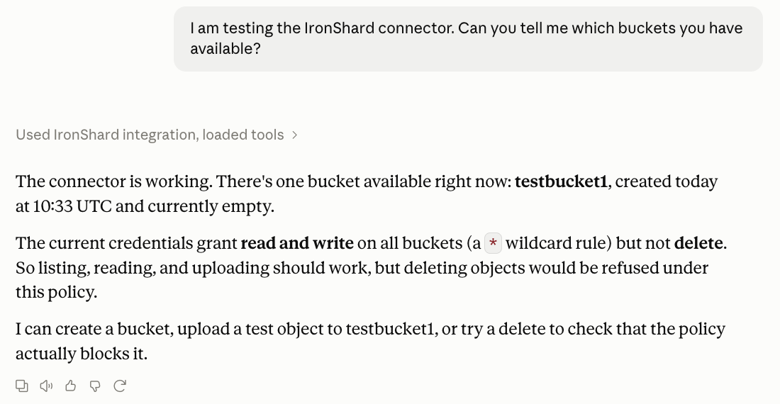 Claude answering the test prompt: the connector works, one bucket named testbucket1 is available, and the credentials grant read and write on all buckets but not delete